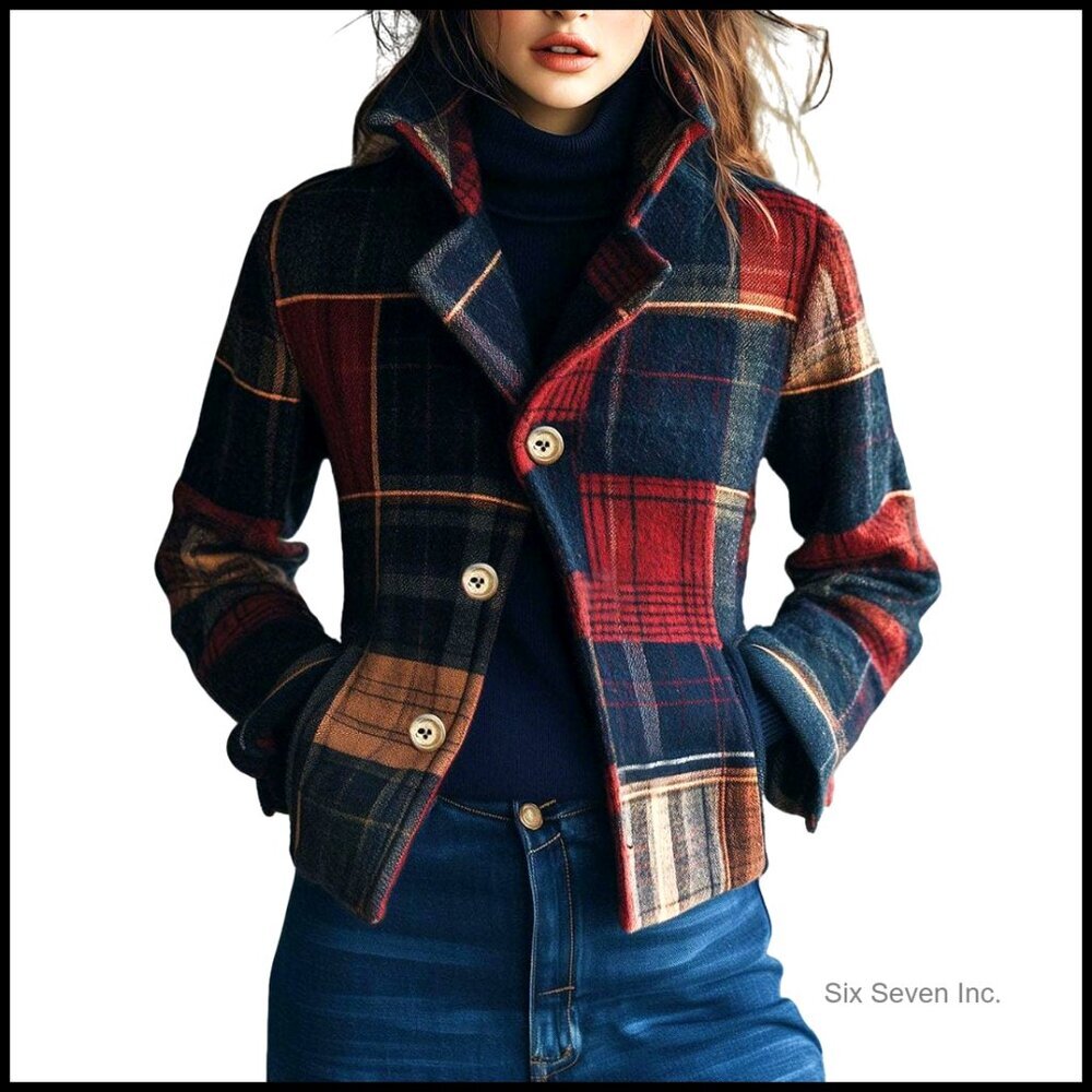 Wool Blend Plaid Crop Pea Coat Tailored Fit Short Blazer Jacket